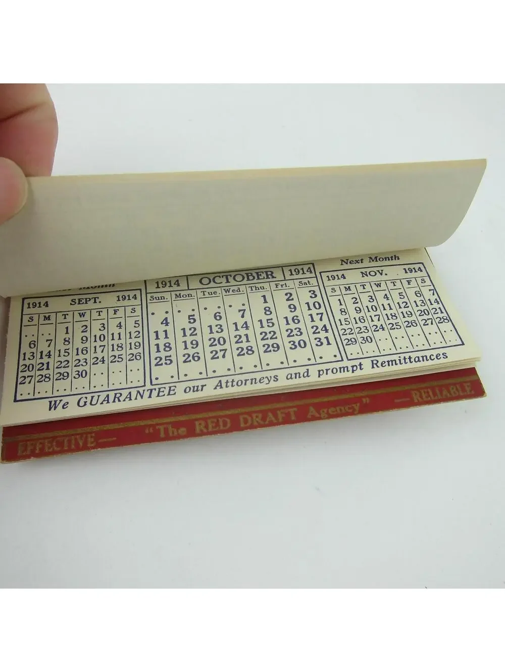 Antique 1914 Calendar Pad K. & M. Red Drafts Agency Debt Collection 4.75 x 2.5